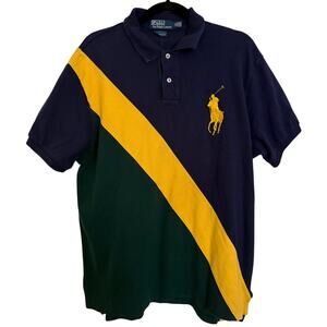 VTG Ralph Lauren Navy Blue Multi Colored Pony Short Sleeve Polo Custom Fit XL